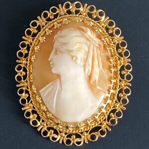 Finely detailed vintage left-facing cameo brooch/pendant in 14K gold